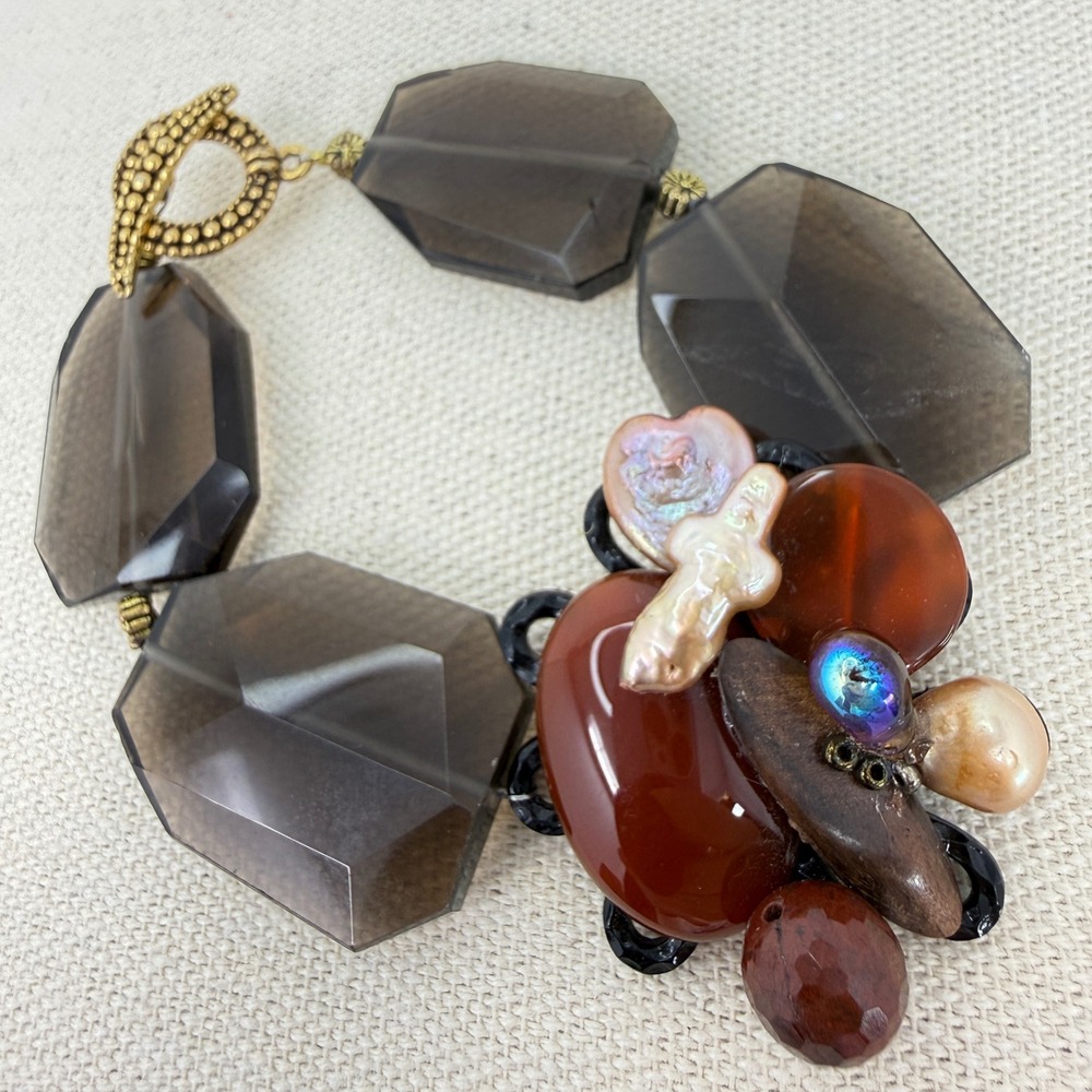 Smoky Quartz Bracelet Style Mixed Media Pearl Cluster‎ Chunky Marked Q